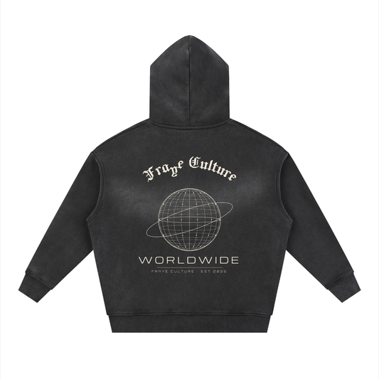 Worldwide Two-Way Zip Hoodie, back: pixel gothic Fraye Culture arch, wireframe globe, WORLDWIDE