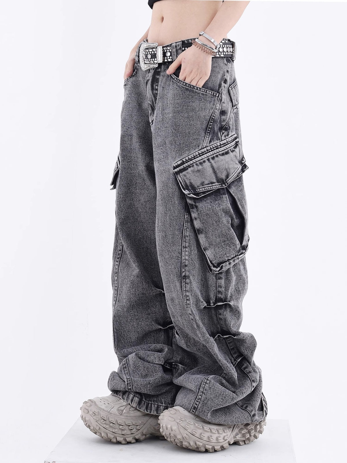 Acid Wash Cargo Denim — Grey