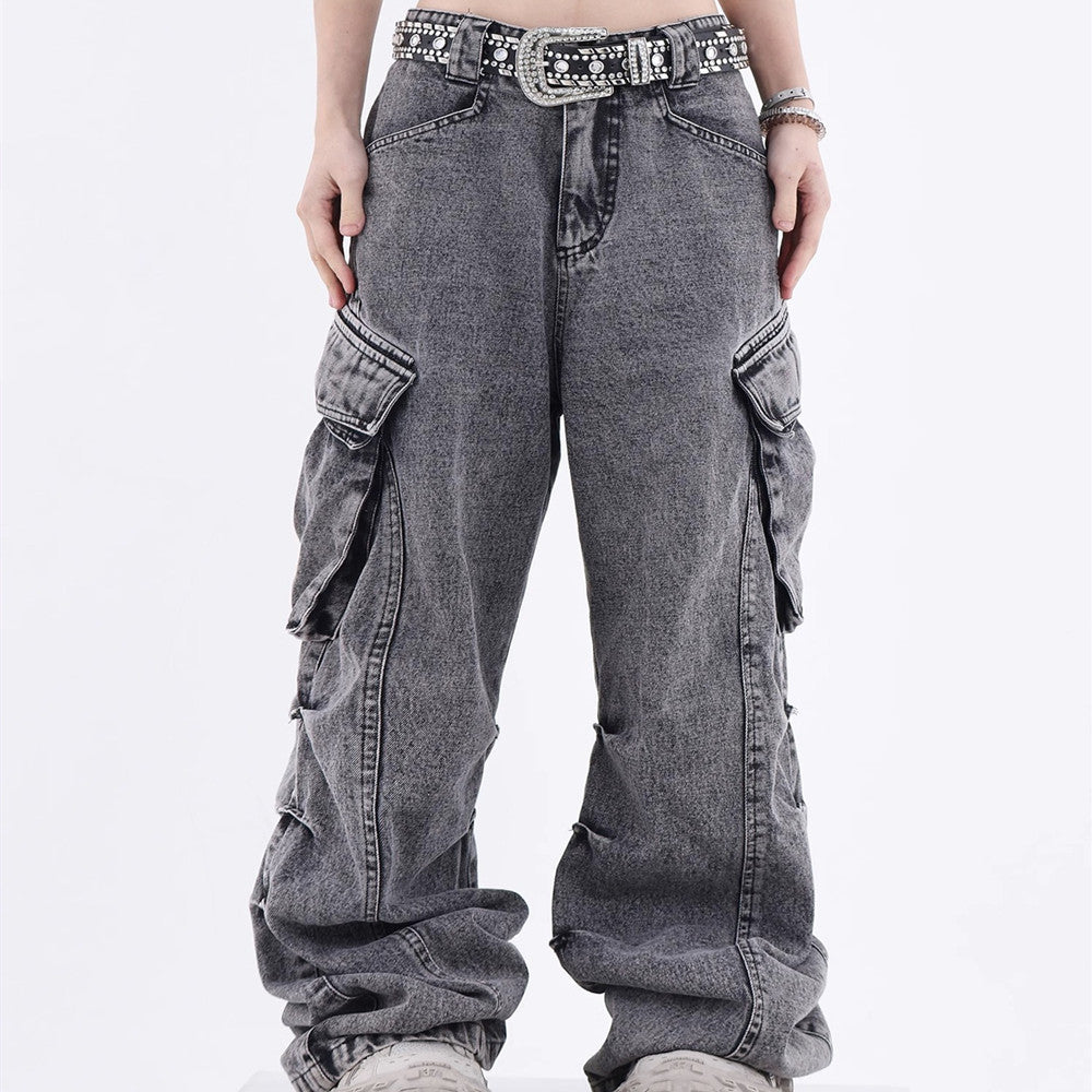 Acid Wash Cargo Denim — Grey