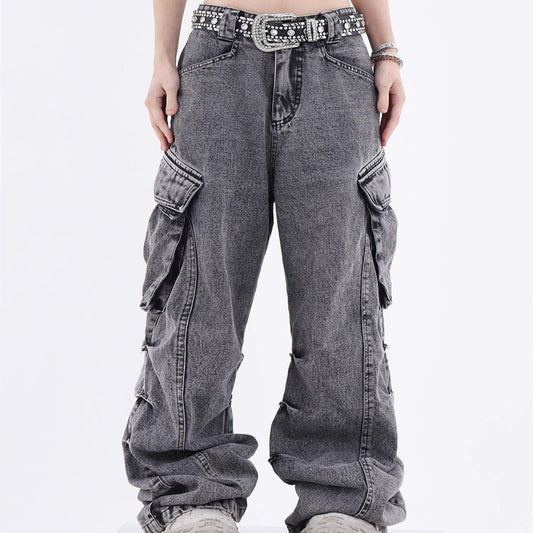 Acid Wash Cargo Denim — Grey