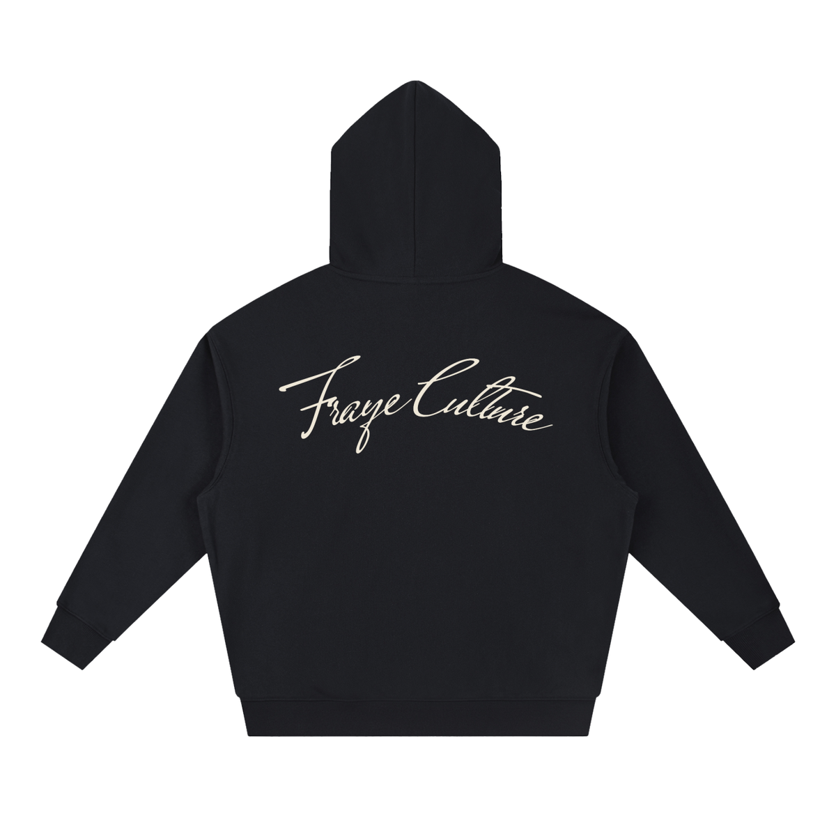 Boxy Heavyweight Hoodie, back: Fraye Culture script