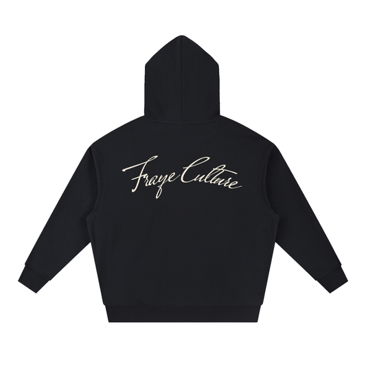 Boxy Heavyweight Hoodie, back: Fraye Culture script